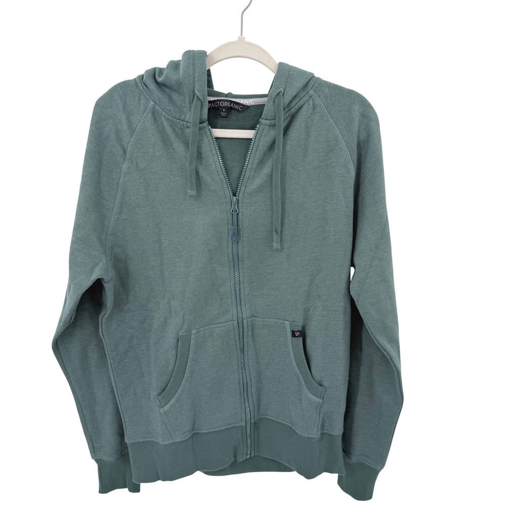 Pact Organic Mens Sage Green Heather Full Zip Hoodie Sweatshirt Small Raglan